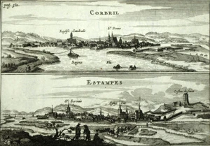 VUE DE LA VILLE DE CORBEIL-ESSONNES ET ETAMPES, Gravure estampe Van Meurs 1666. - Imagen 1 de 2