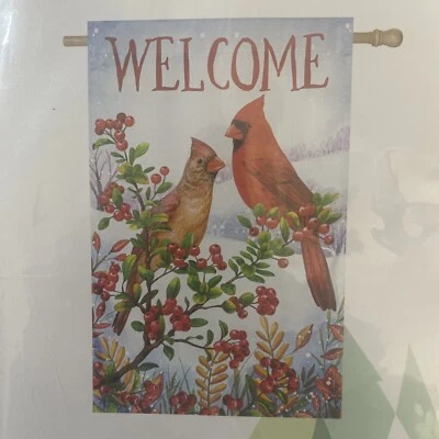 Welcome Decorative House Flag Evergreen Brand Cardinals 29”x 43”• 74cm x 108 cm - Image 1 of 2
