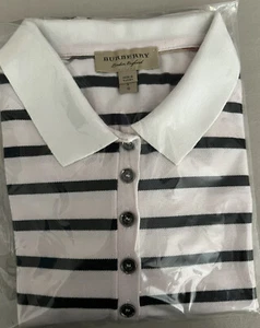 Burberry Pink Black Striped Polo Shirt Women Large - Picture 1 of 10