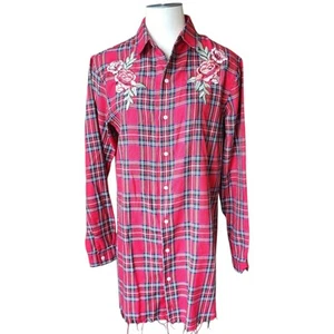 Kendall & Kylie Womens Red Plaid Floral Shirtdress Sz S Frayed Hem Long Sleeve - Picture 1 of 10