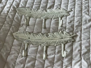 Set Of Two Cast Iron Feather Wall Hooks Each With 3 Hooks White - Picture 1 of 8