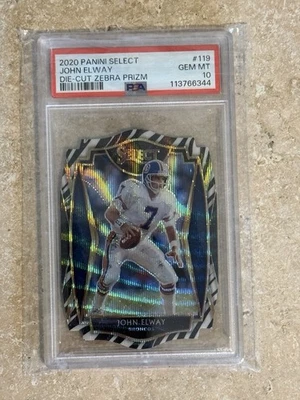 2020 Panini Select - Premier Level John Elway #119 Zebra Prizm Die-Cut PSA 10 - Image 1 of 2