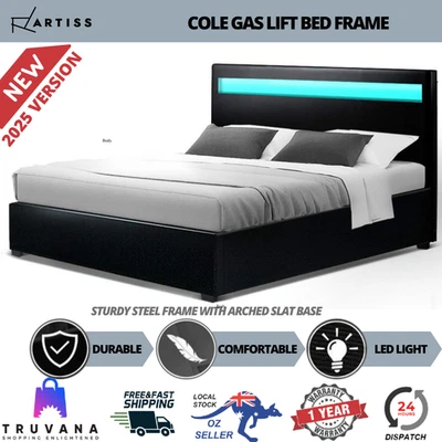 Artiss LED Bed Frame Queen Size Gas Lift Base With Storage Black Leather - image 1 of 4