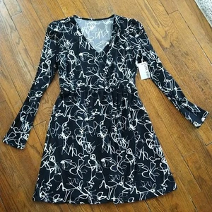 New Nine West Faux Wrap Mini Dress Women's Medium Long Sleeve Black Scribble - Picture 1 of 10