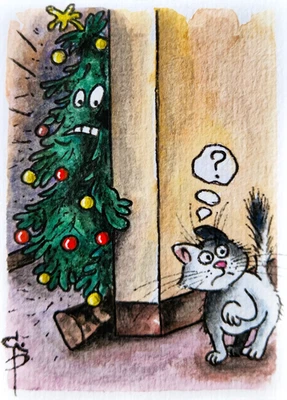 ACEO Cat картина рождественская елка скрывает смешной акварель оригинальный искусства карта подарок - Изображение 1 из 3