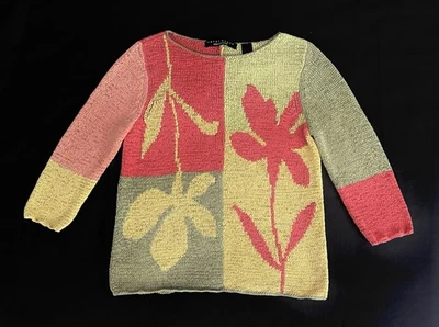 Crazy Horse Womens M Light Loose Knit  Sweater Color Block Floral Boho Beachy - Image 1 of 4