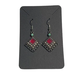 Bohemian Silver Tone Dangling Earrings Boho Beach Core Mom Gift Bali Acrylic Gem - Picture 1 of 4