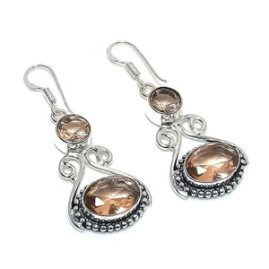 Peach Morganite Gemstone Handmade 925 Sterling Silver Jewelry Earring Size 2" - Picture 1 of 1