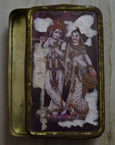 Vintage Blech Süßigkeiten Box Lord Krishna mit Radha bedruckte mythologische Box BM475 - Bild 1 von 6