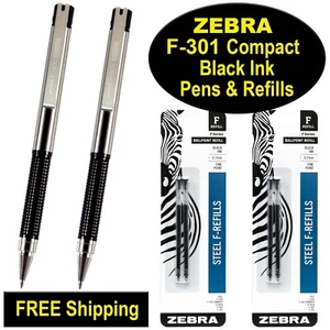 Bolígrafos y recambios compactos Zebra F-301, 0,7 mm fino, tinta negra 2 bolígrafos y 2 paquetes de recargas - Imagen 1 de 6