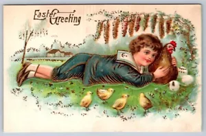 Easter Greeting, Young Boy With Hen And Chicks, Antique 1908 Embossed Postcard - Picture 1 of 2