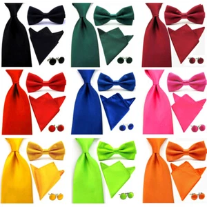 Men 8CM Wide Necktie Handkerchief Bowtie Wedding Pocket Square Cufflink Set - Picture 1 of 15