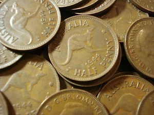 Moneda australiana de 1944 de medio centavo de cobre antigua fina a muy fina - Imagen 1 de 1