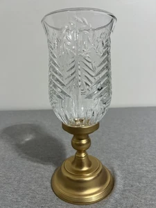 Geschliffener Kristall Windlicht Kerzenhalter Gold Messingfuß geätztes Glas 10 Zoll - Bild 1 von 5