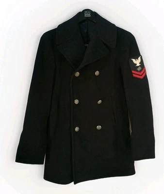 Parche de suboficial abrigo negro de colección PeaCoat Bonham Mfg 100 % lana 36 L de la Marina de los Estados Unidos  Foto 1 de 4