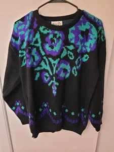Vintage 80's Helen Sue Black Purple Green Floral Knit Sweater  USA - Picture 1 of 8