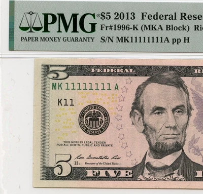 2013 FRN Даллат $5 долларов Fr # 1996-K PMG 35 фантазии твердое число k11 111111 - Изображение 1 из 3