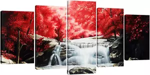 Red Forest Waterfalls 5 Piece Canvas Prints Wall Art for Living Bedroom Room ... - Picture 1 of 12