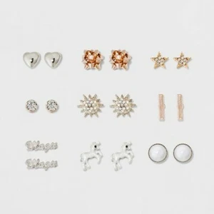 Bow Heart Star Bezel Stone Unicorn Magic Bar Button Earring Set of 9 - Picture 1 of 1