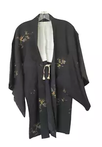 Handmade Crepe Kimono Jacket Medium Black Painted Tribal Vest Artsy Ethnic - Picture 1 of 17