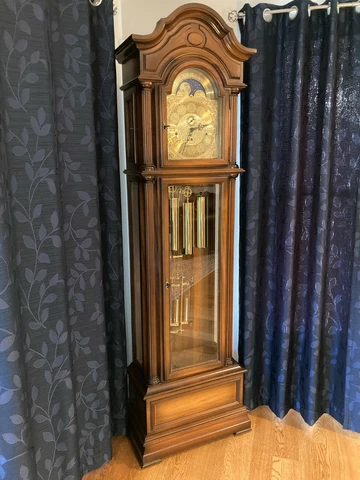 Kieninger Cherry Cased Grandfather Clock 1984 3 Weights Faux Mercury Pendulum Cover