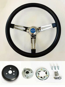 70-73 Blazer C10 C20 C30 Pick Up Black on Chrome Steering Wheel Blue Bow Cap 15" - Picture 1 of 5