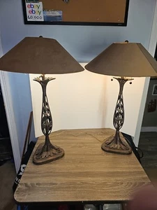 2-Frederick Cooper Cast Iron Lamp 34” Dual Bulb with 22" Round ORIGINAL Shades - Picture 1 of 24