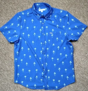 VINTAGE SUMMER Palm Tree Print Textured Button Up Shirt Mens L Blue Short Sleeve - Picture 1 of 7