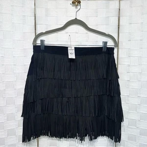 Express Black Tiered Fringe Mini Skirt Medium Festival Boho Witchy Whimsigoth - Picture 1 of 9