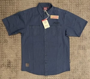 Indian Motorcycle Mechanic Shirt Mens Medium Embroidered Navy Button NWT - Picture 1 of 9
