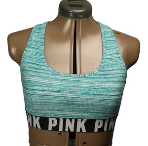 Victoria's Secret PINK Crop Sports Bra SPOT Racerback Cotton Blend Logo Teal M - Picture 1 of 14