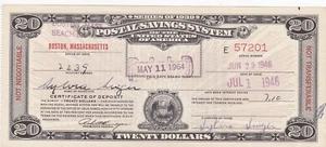 $20 SERIES OF 1939 POSTAL SAVINGS SYSTEM CERTIFICATE PAID BOSTON MA W7179 - Picture 1 of 2