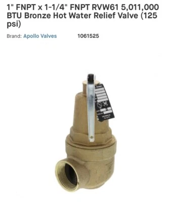 1" x 1-1/4” FNPT RVW61 Hot Water Relief Valve  Apollo Conbraco 10-615-25 125 PSI - Image 1 of 4