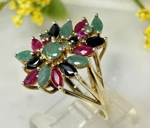 Vtg Sterling Silver 925 Gold Vermeil Stauer Sapphire Ruby Jadeite Ring Size 8.5 - Picture 1 of 14