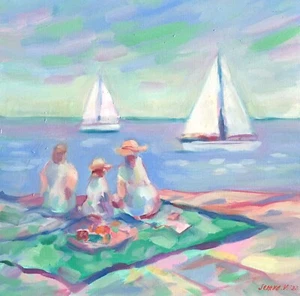 Original Painting Claude Monet landscape seascape sailboats family wall art - Picture 1 of 12