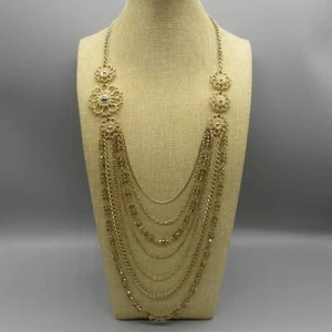 Multi Strand Necklace Chain and Crystal Beads Medallion Accents Gold Tone 28" - Picture 1 of 17