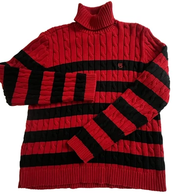 CHAPS CLASSIC WOMENS XL RED BLACK STRIPED CHUNKY CABLE KNIT SWEATER TURTLE NECK - Image 1 of 4
