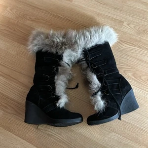 BearPaw Black Suede Faux Fur Suede Wedge Tall Boots Women’s 7 - Picture 1 of 8