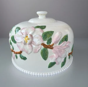 Vintage Ceramic Magnolia Cake Dome Lid Floral Pink Green Embossed Shabby Cottage - Picture 1 of 9