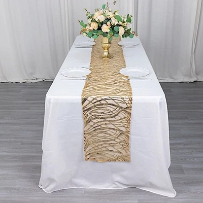CRAFTSNFAVORS 12"x108" CHAMPAGNE Mesh TABLE RUNNER Wavy Embroidered Sequins Party Home