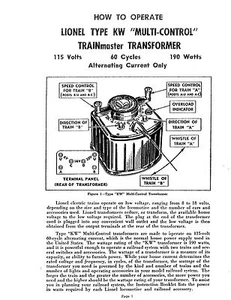 Copia del manual de instrucciones original para el transformador Lionel tipo KW 190 - Imagen 1 de 1