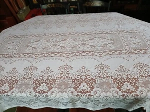 Lace Tablecloth White Polyester Lace Floral-Geo Pattern 98"x58" 3 Small Snags - Picture 1 of 14