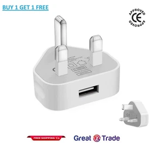 UK 3 Pin Mains Wall USB Charging Plug Charger Adapter for iPhone Samsung - White - Picture 1 of 5
