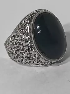 Vintage Agate Ring Men's 10.5 Green/Black Mid-Century Sterling Silver - Picture 1 of 8