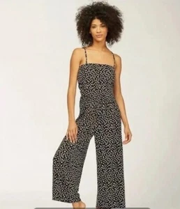 New Billabong Women M Try Me Strappy Wide Leg Crinkle Jumpsuit Black Polka Dot - Picture 1 of 5