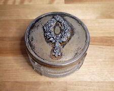 Vintage Art Deco Ribbed Glass Vanity Powder Jar Trinket Box Floral Metal Lid