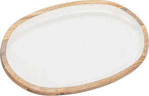 Creative Co-Op Oval Enameled Mango Wood Tray, White and Natural 18"l 11"w - Picture 1 of 6