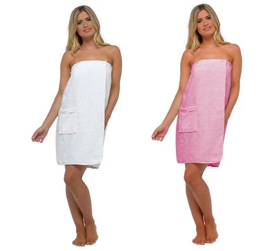 Womens 100% Cotton Terry Towelling Bath Shower Spa Towel Wrap Dress with Pocket - Image 1 of 2