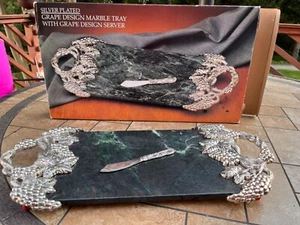 Green Marble Tray Silver plated grape design with server in a box GODINGER - Picture 1 of 12