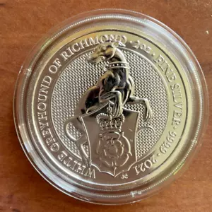 Queens Beasts Royal Mint 2021 White Greyhound Of Richmond 2Oz Silber 5 GBP stgl. - Bild 1 von 2